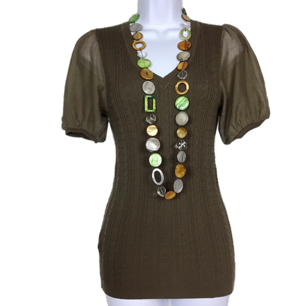 Brown Puff Sleeve V-Neck Bodycon Knit Sweater Top